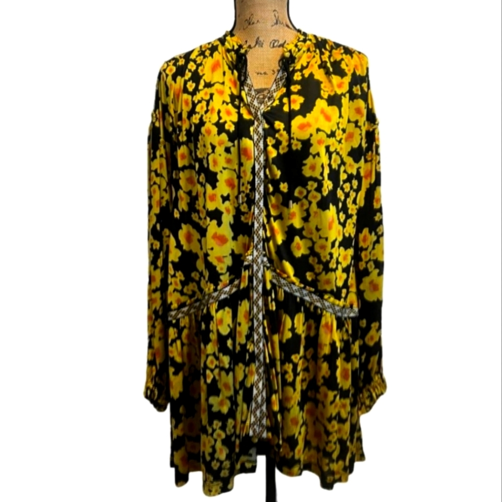 NWT Free People yellow black balloon sleeve love letter hi/low tunic  dress